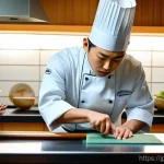 일식조리사 취업 후 첫 해의 경험 - **A young, dedicated Japanese chef, mid-20s, in a clean, traditional white chef's uniform (白衣), inte...