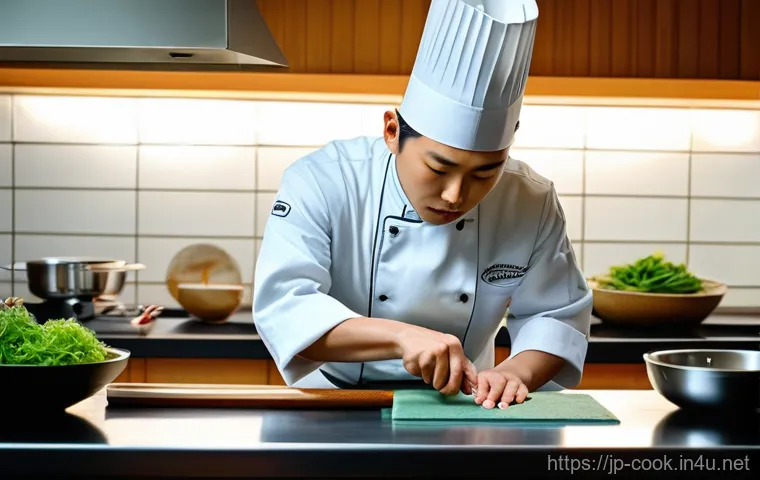일식조리사 취업 후 첫 해의 경험 - **A young, dedicated Japanese chef, mid-20s, in a clean, traditional white chef's uniform (白衣), inte...
