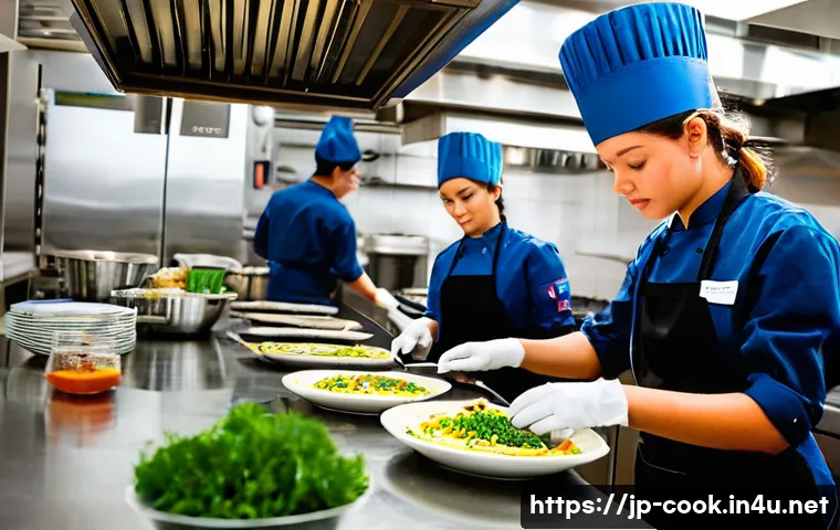 양식조리 실기 연습 장소 추천 - **Prompt 1: Intensive Practice in a High-Tech Rental Kitchen**
    A group of diverse cooking school...