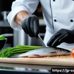 양식조리사 이론 필수 암기 사항 - A detailed kitchen scene showing a professional chef carefully performing pre-cooking preparation on...