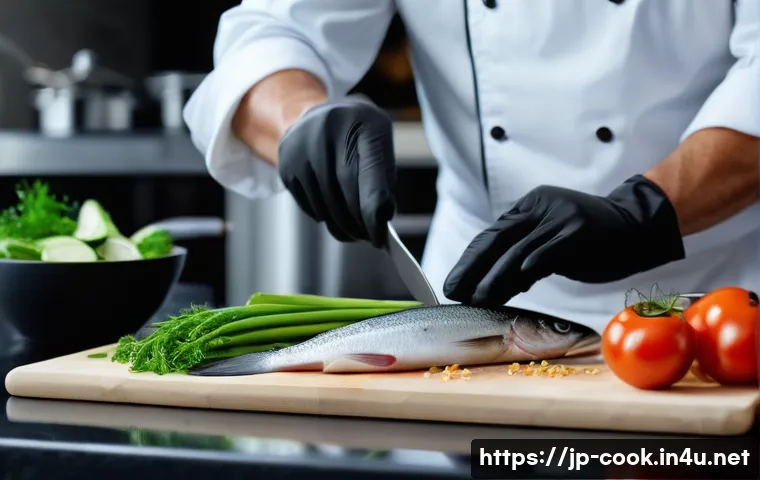 양식조리사 이론 필수 암기 사항 - A detailed kitchen scene showing a professional chef carefully performing pre-cooking preparation on...