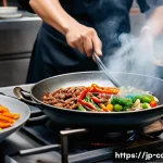 중식조리사 실기에서 자주 나오는 메뉴 - A professional Chinese kitchen scene showing a chef skillfully controlling the heat on a gas stove w...