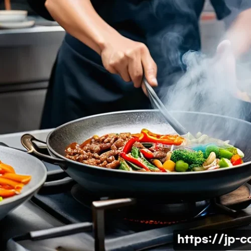 중식조리사 실기에서 자주 나오는 메뉴 - A professional Chinese kitchen scene showing a chef skillfully controlling the heat on a gas stove w...