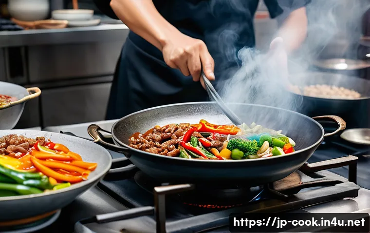 중식조리사 실기에서 자주 나오는 메뉴 - A professional Chinese kitchen scene showing a chef skillfully controlling the heat on a gas stove w...