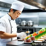 양식조리사 자격증의 가치와 전망 - A professional Japanese chef in a modern restaurant kitchen, wearing a clean white chef&rsquo;s uniform an...