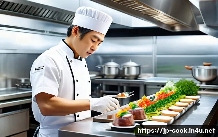 양식조리사 자격증의 가치와 전망 - A professional Japanese chef in a modern restaurant kitchen, wearing a clean white chef&rsquo;s uniform an...