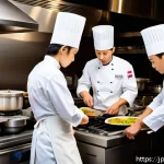 양식조리사와 제과제빵사의 차이 - A bustling Western-style restaurant kitchen scene showing professional chefs in crisp white uniforms...