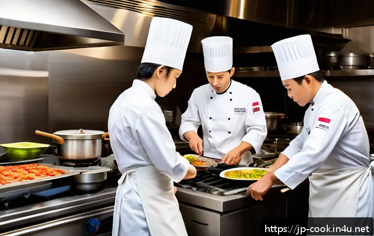 양식조리사와 제과제빵사의 차이 - A bustling Western-style restaurant kitchen scene showing professional chefs in crisp white uniforms...
